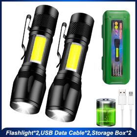 Mini Led Flashlight With Storage Box Portable Rechargeable Zoom Flashlight Waterproof Torch Lamp Lantern Camping Lights Outdoor (Emitting Color: 2Pcs)